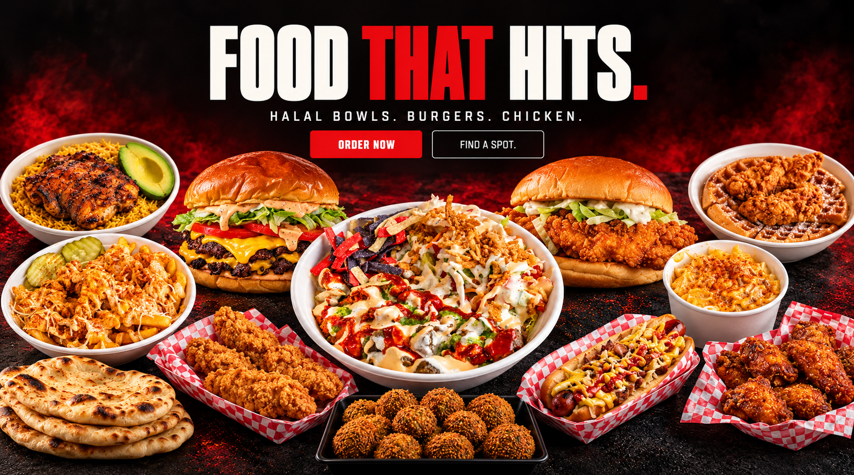 The Spot savory menu spread: rice bowls, smash burger, chicken sandwich, loaded fries, tenders, wings, chicken and waffles, glizzy, falafel, mac and cheese and naan